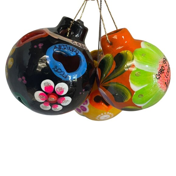 Handcrafted Cabo San Lucas Ceramic Ornament Trio With Bright Floral Designs  3" - Picture 2 of 13